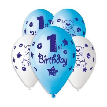 Балони с печат „1st Birthday-бели и светло сини“ 12′-100бр.