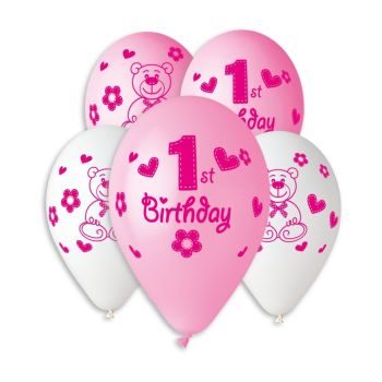 Балони с печат „1st Birthday-бели и розови“ 12′-100бр