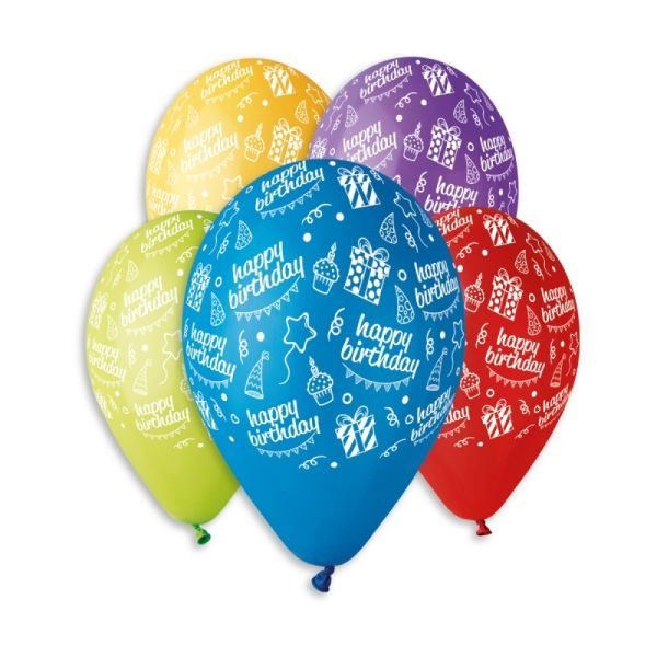Балони с печат “ Happy Birthday-микс с шапки, гирлянди и подаръци“ 12′-100бр.
