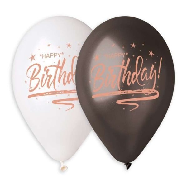 Балони с печат „Happy Birthday-черни и бели, с печат в розово злато“ 13′-50бр.