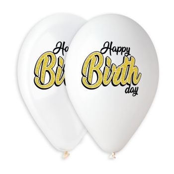 Бели и прозрачни балони с печат „Happy Birthday“ 13′-25бр.