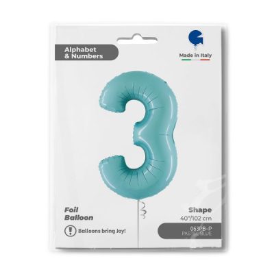 Балон „Цифра 3“ 40′. цвят: бебешко синя -1бр. в оп.