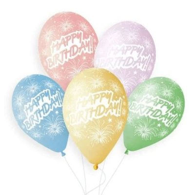Балони с печат „Happy Birthday и заря“ макарон 12′-100бр.